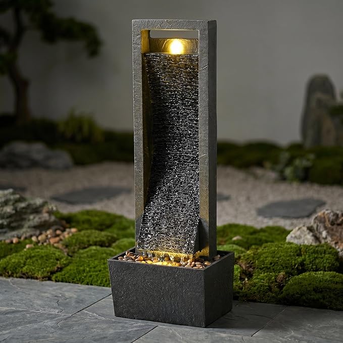 38.6" Tall Outdoor Water Fountain with LED Lights, Modern Floor Standing Waterfall Fountain for Patio Garden Porch Yard Deck Decor, Resin Freestanding Outdoor Fountain Decor