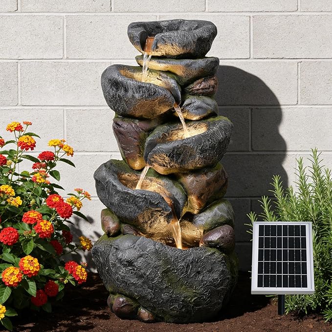 36.2" H Solar Water Fountain Outdoor Garden, 5-Tiers Cascading Rock Waterfall Fountain with 3000K Warm LED Lights & Battery Backup, IP64 Weatherproof Resin Fountain for Patio, Porch, Backyard, Deck