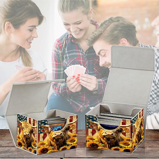 Card Deck Box for MTG, Cards Storage Box Fits 120+ Sleeved, Leather Small Size Strong Magnetic Closing Card Case for Board Games Magic TCG CCG Baseball Collection, Yellow Cow Sunflower