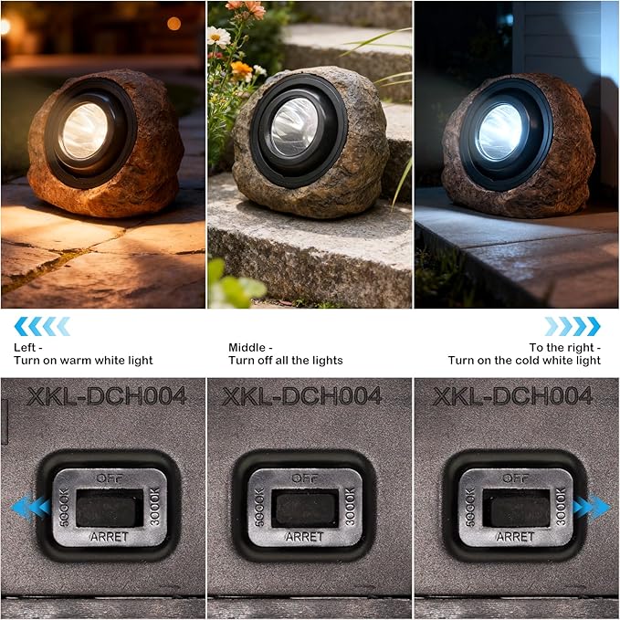 Solar Rock Lights Outdoor,4 Pack IP65 Waterproof LED Solar Brown Garden Stone Spotlights,Warm White & Cool White Switchable,Auto On/Off Landscape Lights for Pathway Walkway Yard Patio