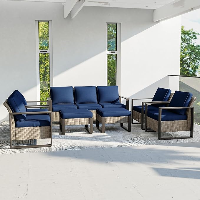 Outdoor Patio Furniture Set, 7 Piece Wicker Patio Conversation with Deep Seating, Thicken Cushions, Outdoor Club Chair, Metal Outdoor Furniture for Deck, Porch, Yard Use (Blue, 7 PCS/Chairs)
