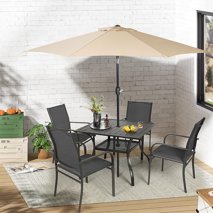 Crownland 5 Piece Patio Dining Set, Textilene Dining Sets, 4 Textilene Metal Chairs and Square Outdoor Dining Table with Khaki 9FT Round Outdoor Umbrella (Black)