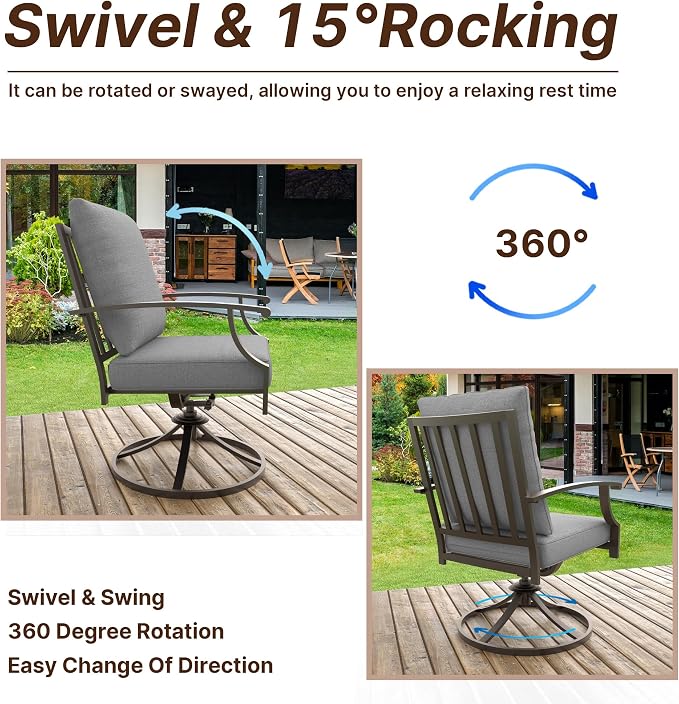 Gotland 9 Piece Outdoor Dining Set, Metal Outdoor Table and Swivel Chairs with X-Shaped Legs 1.5" Umbrella Hole, Patio Furniture Set with Waterproof Cushions, Patio Dining Sets for Backyard Deck Gray