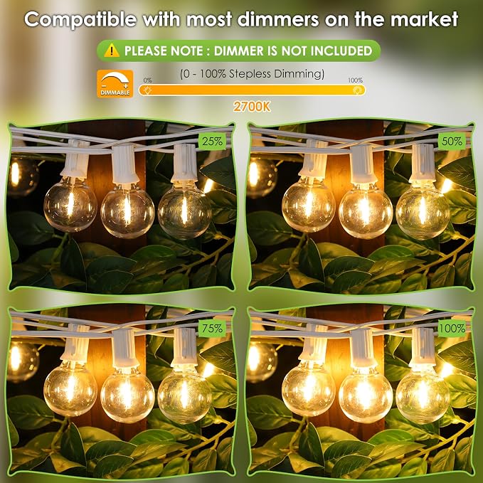 100Ft LED Outdoor String Lights, Dimmable Waterproof G40 Globe Patio Lights with 50+3 2700K Shatterproof Bulbs for Cafe Bistro-White Cord