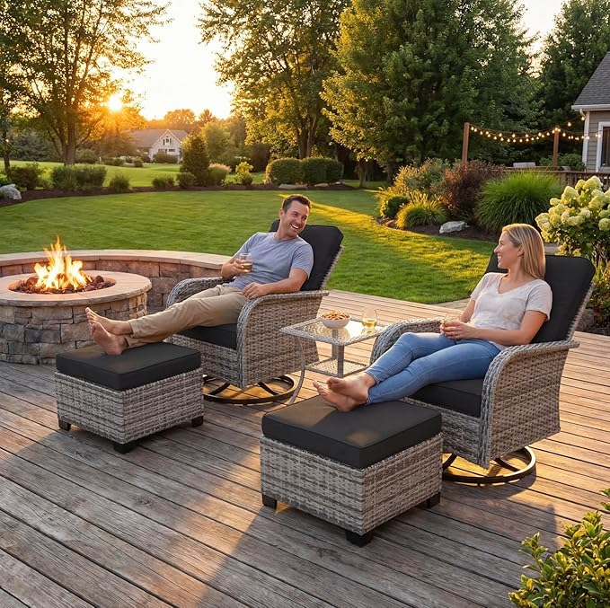 Outdoor Patio Furniture Set Patio Rocking Swivel Chair with Tempered Glass Side Table, Outdoor Wicker Rattan Bistro Set with Ottomans for Garden, Deck, and Balcony, Dark Grey
