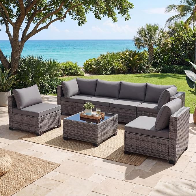 7 Pieces Outdoor Wicker Rattan Patio Furniture Sectional Set, Patio Conversation Set with Cushions & Coffee Table, All Weather PE Rattan Patio Sofa with Tea Table for Backyard Porch Garden (Grey)