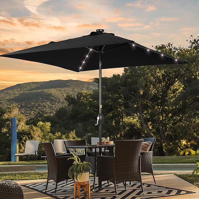 Square Patio Umbrella With Solar Lights, 6.5x6.5ft Square Umbrella Outdoor Patio with Tilt and Crank for Pool, Deck, Garden,Backyard