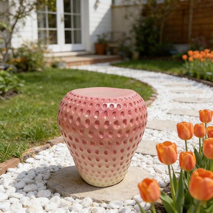 14'' Garden Fruit Design Stool, Decorative Patio Side Tables for Outside / Indoor, Drum Table & Plant Stands Stools for Patio Balcony Living Room, Home Decor, Weather-Resistant (Pink, Strawberry)
