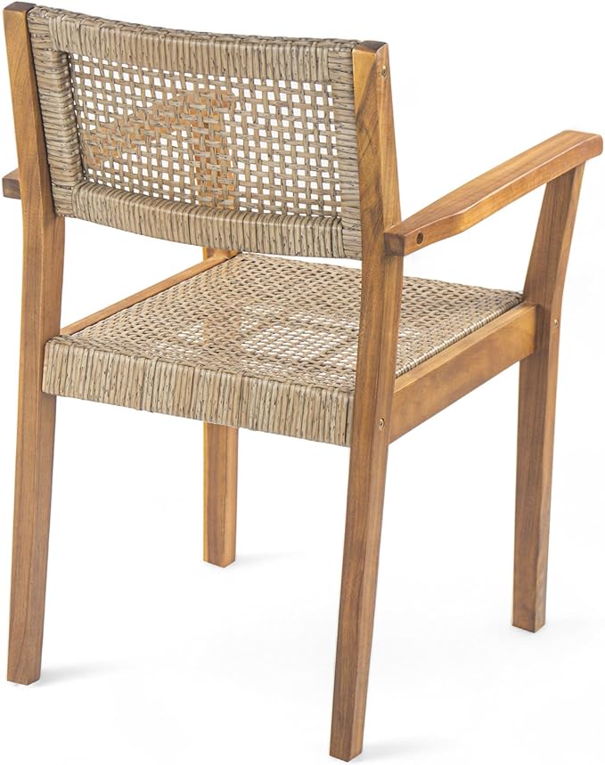 Christopher Knight Home Amaris Acacia Wood Patio Dining Set for 4, Solid Wood Outdoor Dining Table Set for 4, Round Dining Table and Chairs Set of 4, Teak+Light Brown