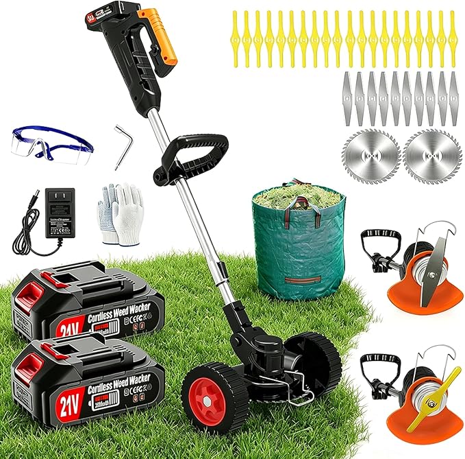 Weed Wacker Cordless Electric Weed Eater Battery Powered, Lightweight No-String Weed Trimmer with 2 Batterys & Wheels, 3 in 1 Stringless Grass Trimmer/Edger/Brush Cutter for Garden Yard Lawn