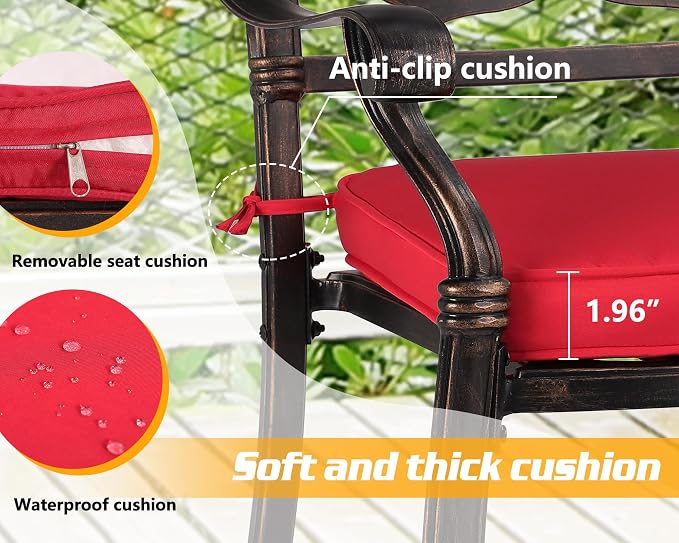 TITIMO 5-Piece Outdoor Patio Dining Set,Cast Aluminum Furniture Patio Conversation Set All-Weather Includes Square Table with Umbrella Hole for Patio Garden Deck, Flower Design (Red)