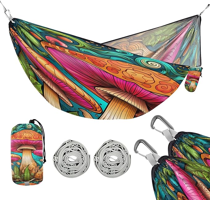 Camping Hammock Lightweight - 350lbs Portable Hammock with 2 Tree Straps and Attached Carry Bag,Great for Travel/Backpacking/Beach/Backyard - Single or Double - Cute Mushroom 1