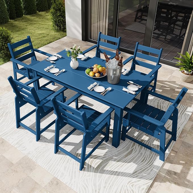 GREENVINES 7 Piece HDPE Outdoor Patio Dining Set, Removable Armrests, Blue