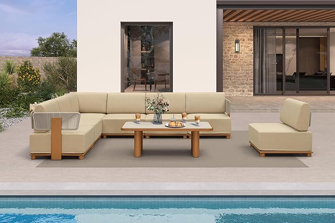 PURPLE LEAF Patio Furniture Set Modular Open-End Outdoor Sectional Sofa with 11" Thick Olefin Cushion 8-Piece Outdoor Conversation Set with Table for Backyard Garden Poolside, Beige