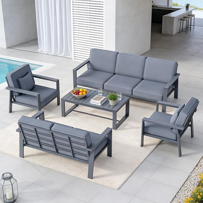 Premium Aluminum Patio Furniture Set 5 Piece,Outdoor Conversation Set with Wide Armrests,5" Thick Cushions, Olefin Fabric,Rustproof Metal Frame,Deep Seating Patio Sofa Set for Backyard,Deck,villa,Gray