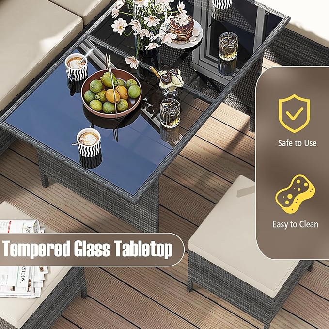 Tangkula 7 Pieces Patio Dining Furniture Set, Outdoor PE Rattan Sectional Sofa Set with Soft Cushions, Ottomans and Tempered Glass Table, Wicker Conversation Set (Mix Gray + Off White)