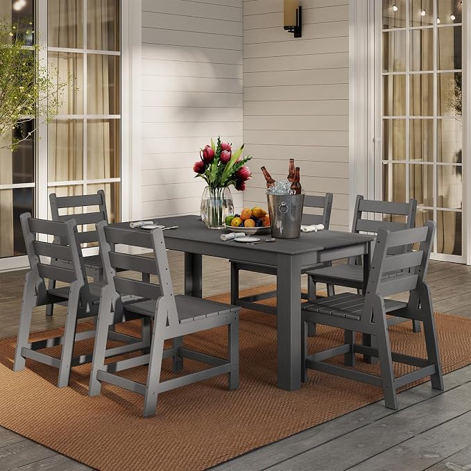GREENVINES 7 Piece HDPE Outdoor Patio Dining Set, Table and 6 Chairs, Gray