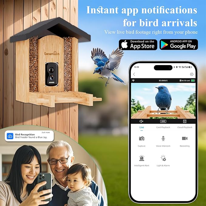 Eco-Friendly Bamboo Smart Bird Feeder with Camera & Solar Panel - AI Identifies 11,000+ Species, 2K HD Night Vision, Wireless Outdoor Birdhouse with Instant Alerts (2.4GHz WiFi Only)