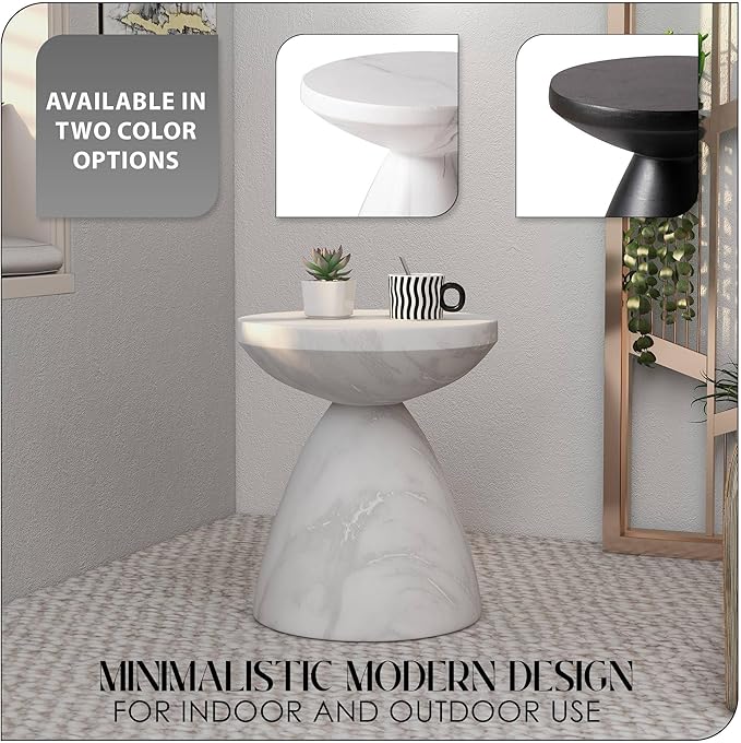 LeisureMod Modern Side Table Lightweight Fiberstone Top 20" Round Accent Table and Hourglass Pedestal Base for Outdoor or Indoor Dune Series in White