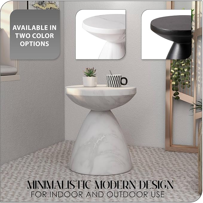LeisureMod Modern Side Lightweight Fiberstone Top 20” Round Accent Table and Hourglass Pedestal Base for Outdoor, Home, Living Room Dune Series in Marble White