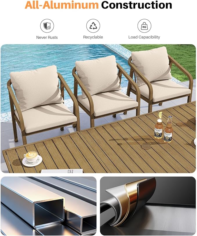 9 Pieces Never-Rust Aluminium Outdoor Dining Set, Patio Table and Chairs for 8, Patio Dining Set with Rectangle Table, Outdoor Dining Chairs with Removable Cushions for Deck, Backyard, Teak