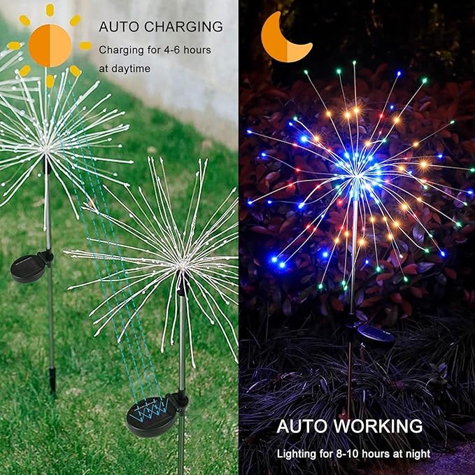 Solar Garden Firework Lights Outdoor Waterproof, 2 Pack 200 LED 8 Lighting Modes Sparklers Solar Twinkling Starburst Lights for Yard Flowerbed Pathway Fence Decorations, Multicolor, Copper Wire