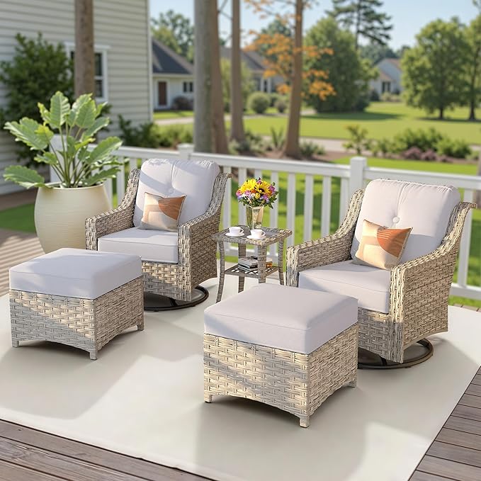 HOOOWOOO Patio Furniture Set,5 Pieces Wicker Outdoor Furniture,High Back Conversation Set with All Weather Resistant Swivel Chairs with Ottoman Side Table,Light Gray