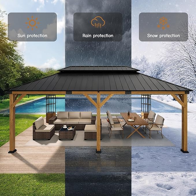 12' x 20' Hardtop Gazebo,Outdoor Cedar Wood Frame Permanent Pavilion with Double Galvanized Steel Roof,Pergola with Lockers & Storage Racks for Patio Lawn Backyard Deck