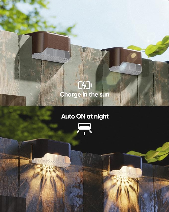 JACKYLED Solar Fence Lights,Outdoor Deck Light 16 Pack Solar Step Lights Waterproof LED Solar Powered Lighting for Outdoor Stairs, Fence, Deck,Patio Railing,Pathway,Driveway,Warm White,Brown