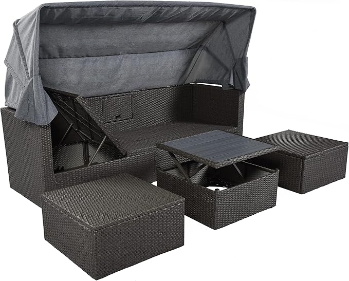 Bellemave Outdoor Daybed with Canopy Patio Furniture Set Wicker Rattan Outdoor Sofa Couch Nautica Backyard Sun Lounger Patio Conversation Set for Porch Garden Poolside, Gray