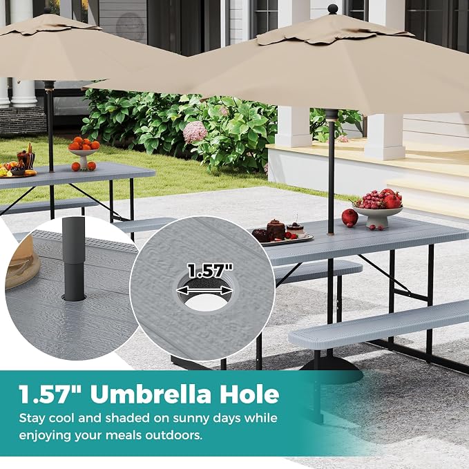 Byroce Outdoor Picnic Table for 4 Person, Rectangular Picnic Camping Table Set with Long Benches, Umbrella Hole & Metal Frame, Heavy Duty HDPE Dining Table Chairs for Patio, Yard & Poolside (Gray)
