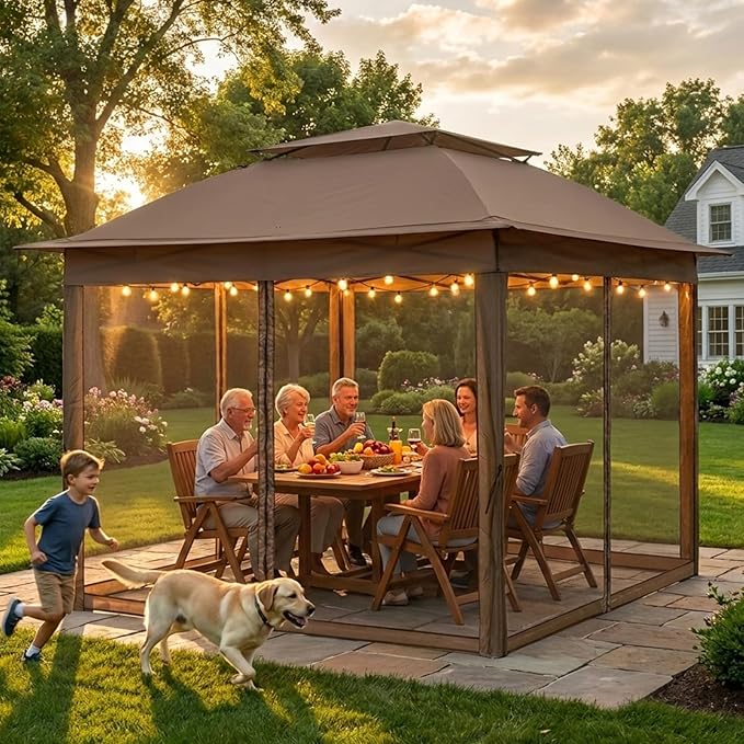 COOS BAY 11x11 Pop Up Gazebo with Mesh Netting, Instant Outdoor Canopy Tent, Water Resistant Shelter with UPF 50+ UV Protection, 121 Sq Ft Coverage, Brown