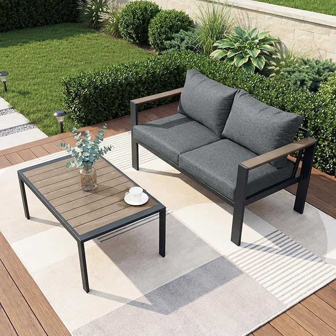 Outdoor Patio Furniture Set Loveseat and Coffee Table with Washable Thick Cushions, All-Weather Luxury Aluminum Large Sectional Sofa for Porch, Balcony, Deck, Yard, Gray
