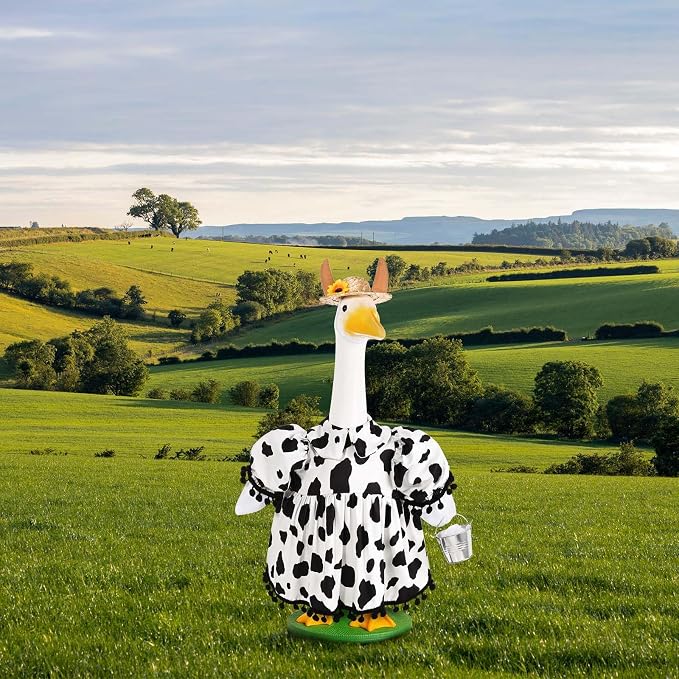 Honic Cow Porch Goose Outfits Funny Farmhouse Goose Costume with Dress Hat and Mini Milk Bucket for 23 Inch Cement or Plastic Goose for Spring Summer Outdoor Garden Yard Patio Lawn Decor