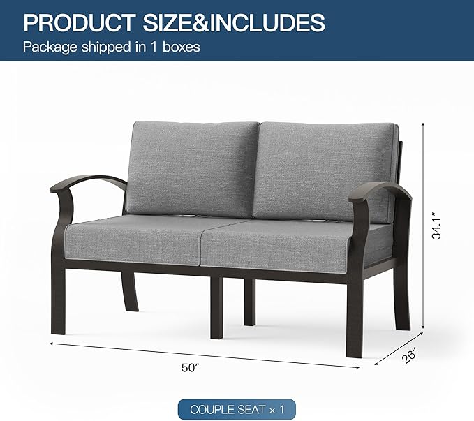Metal Outdoor Patio Furniture Set for 2,Aluminum Patio Sectional Couple Seat w/Removable Sponge Cushion,Outside Furniture for Porch, Balcony, Yard,Gray