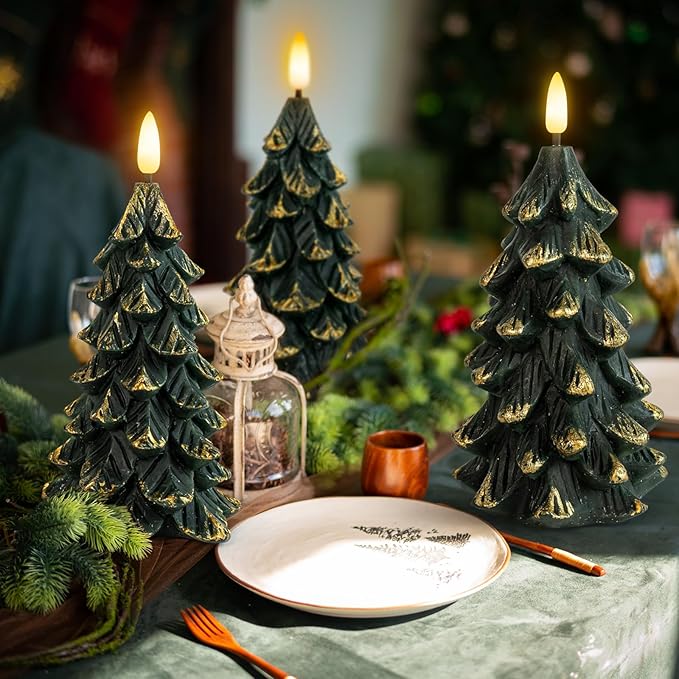 Green Christmas Tree Shaped Flameless Candles with Timer, Real Wax 3D Wick Flickering Battery Operated LED Candles for Christmas Home Party Decoration Set of 3