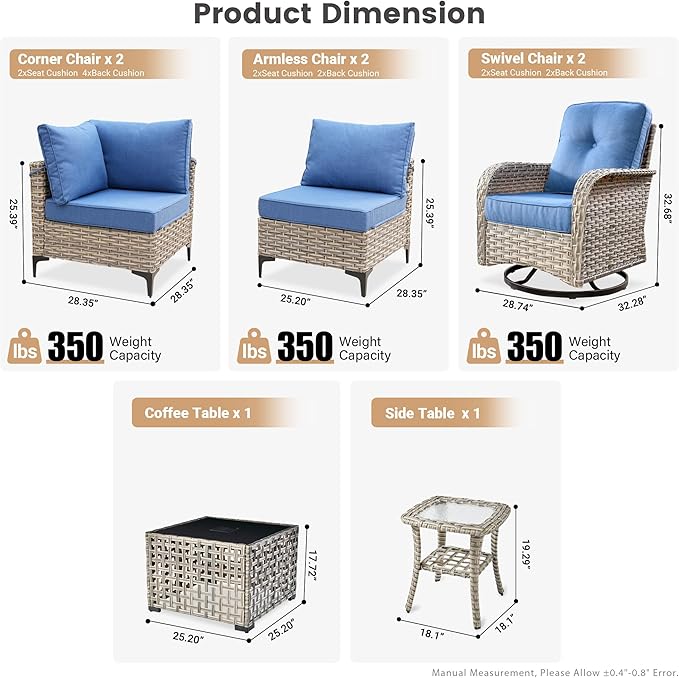 Outdoor Patio Furniture Sets, 8 PCS Patio Conversation Set Outside Rattan Sectional Sofa with Wicker Rocking Chairs Coffee Table Soft Cushion Fit Backyard Porch Garden Poolside Balcony