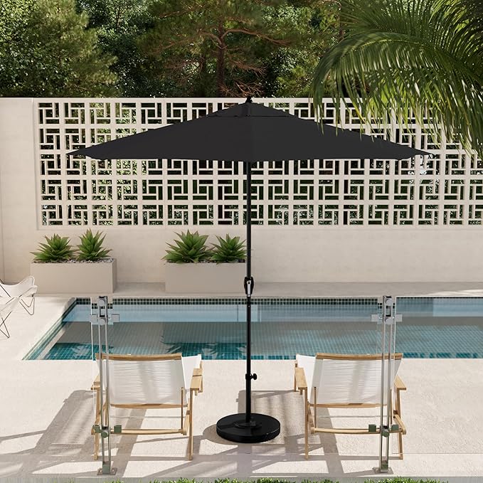 California Umbrella 12-Year Protection 9' Rd Aluminum Patio Umbrella, Crank Lift, Auto Tilt, Black Finish, Sunbrella Black
