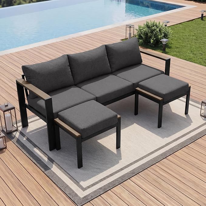 Outdoor Patio Furniture Set 3 Seats Sofa and Ottomans with Washable Thick Cushions, All-Weather Luxury Aluminum Modern Outside Sectional Set for Porch, Balcony, Deck, Yard, Dark Gray