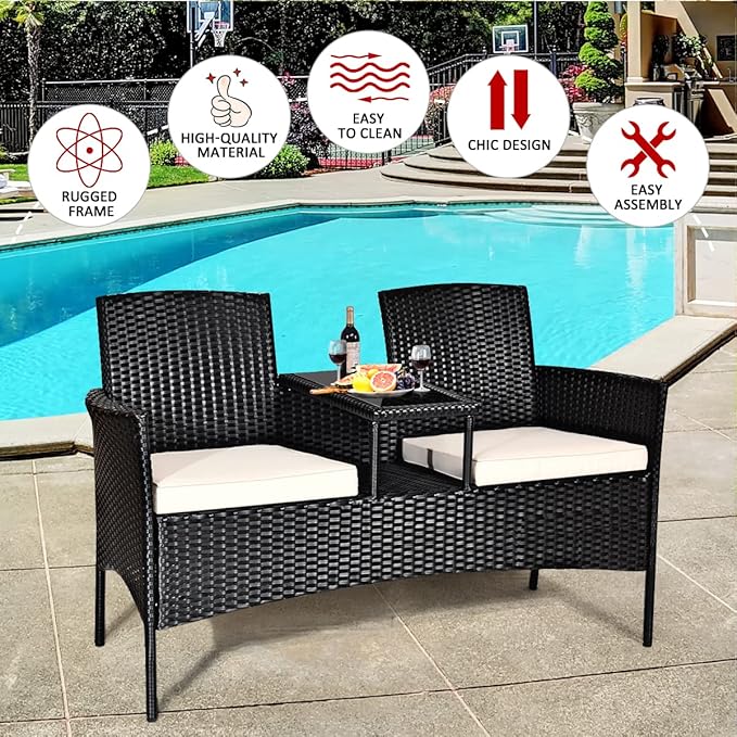 Outdoor Love Seat Set Patio Conversation Set with Cushion & Built-in Coffee Table, Outdoor Rattan Sofa Furniture Set for Garden, Lawn, Backyard (Beige)