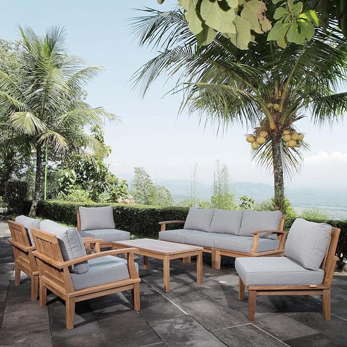 Modway EEI-1479-NAT-GRY-SET Marina Premium Grade A Teak Wood 8-Piece Outdoor Patio Furniture Set, Natural Gray