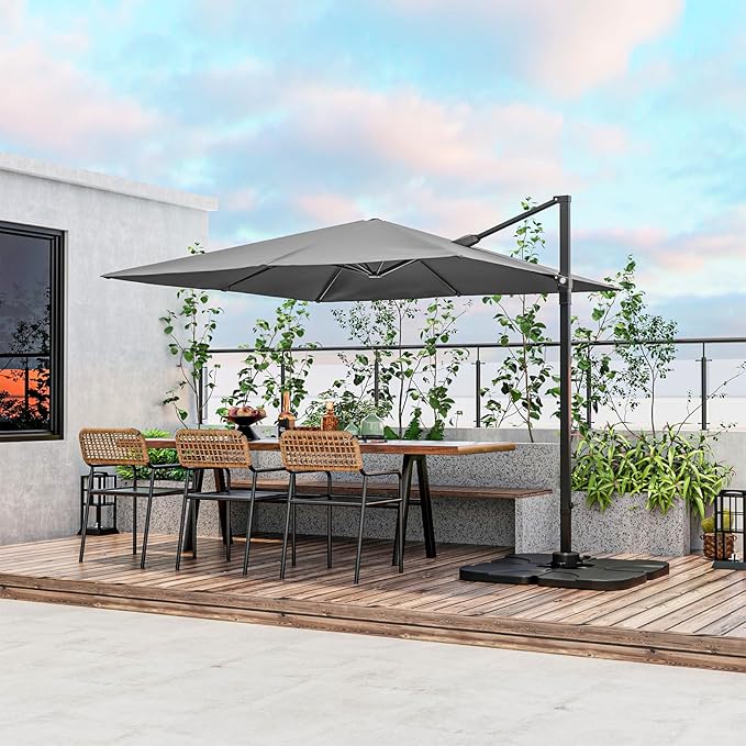 Tangkula 9.5 FT Cantilever Patio Umbrella, Outdoor Square Offset Umbrella with 360°Rotation, Heavy Duty Patio Hanging Umbrella with Cross Base for Garden Deck Pool Backyard (Grey)
