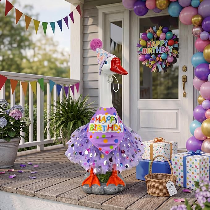 Large Porch Goose Outfits Set Decor - 20" Porch Goose Statue with Birthday Costume Gift for Mom Girl Boy ,Indoor or Outdoor Decorative Figurine for Garden Patio Lawn Entryway Accent,Housewarming Gifts