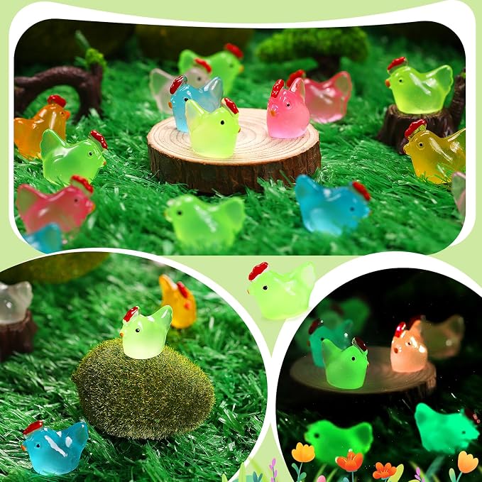 160 Pcs Luminous Mini Chicken, Glow in Dark Figurines - Resin Miniature Animals in 8 Colors for DIY Project, Garden, Dollhouse, Aquarium Decor, Glows at Night