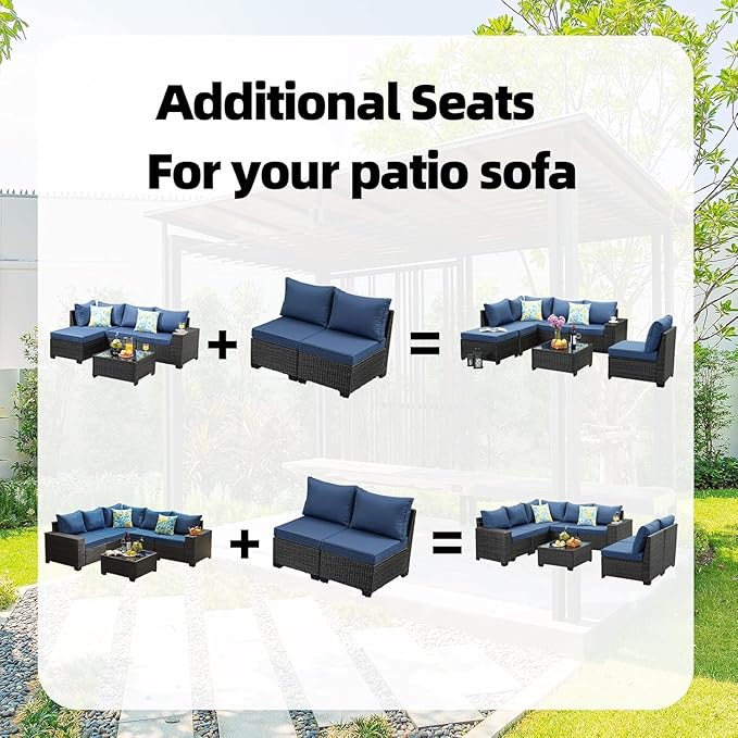 Outdoor Wicker Armless Sofa2 Pack, Patio Rattan Sectional Sofa Set with Thick Seat Cushions and 2 Back Cushions for Garden, Backyard, Poolside Poolside Navy