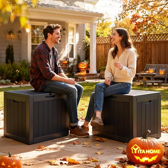 YITAHOME 30 Gallon Deck Boxes 2 Pack, Waterproof Outdoor Storage for Cushions, Tools & Pool Accessories, Resin Package Delivery for Patios, Gardens & Decks, Black