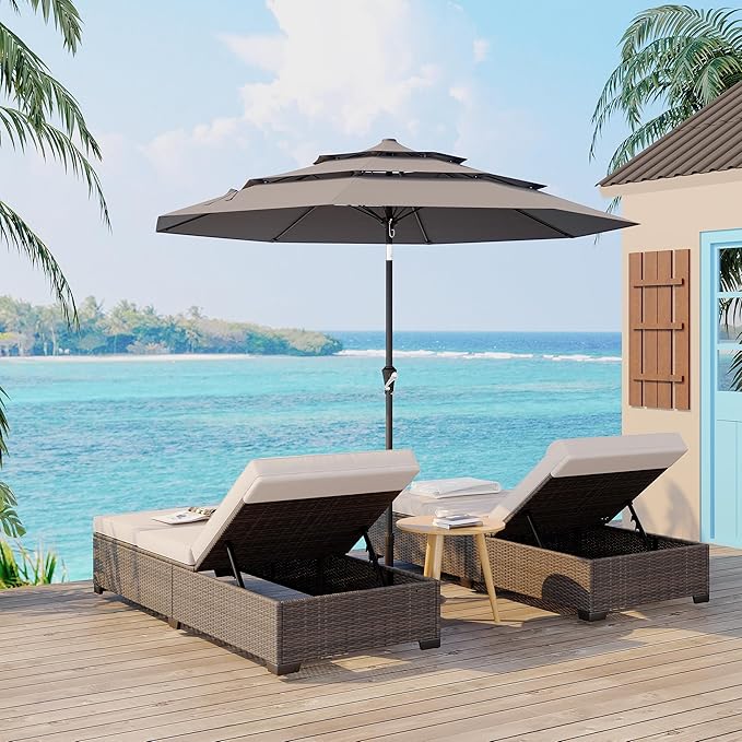 GarveeTech Patio Umbrella, 3-Tier Vented Canopy with Hand Crank, Push-Button Tilt Outdoor Umbrella, Alloy Rib Frame for Pool, Backyard and Deck, 9FT Grey