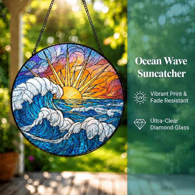 Deluxe Bundle | Stained Glass Window Hanging, Ocean Sunrise 3D Embossed Diamond Glass Suncatcher, 7-Piece Coastal Gift Set with Crystal Pendant & Invisible Hooks