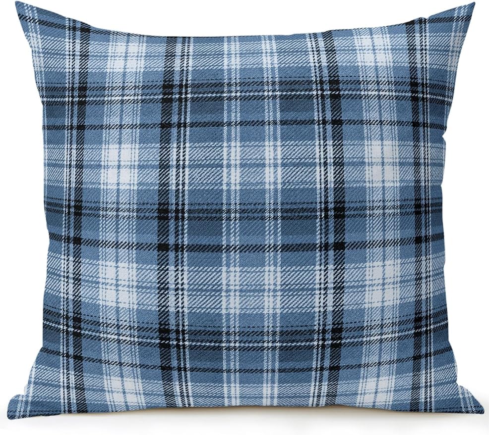 Waterproof Outdoor Pillow 1 Pack Blue Checked Plaid Decorative Throw Pillows Cover & Insert 18x18 Inch Pillowcase Stripes Woven Grid Square Pillows for Couch Sofa Bed Patio Furniture Indoor Outdoor
