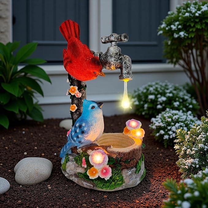 Solar Cardinal Birds Statue with Bird Feeder, 12″ Resin Garden Decor Color Changing Fountain Figurine Light Outdoor Waterproof, Bird Ornaments for Yard Patio Porch, Home Decor Easter Mom Gifts